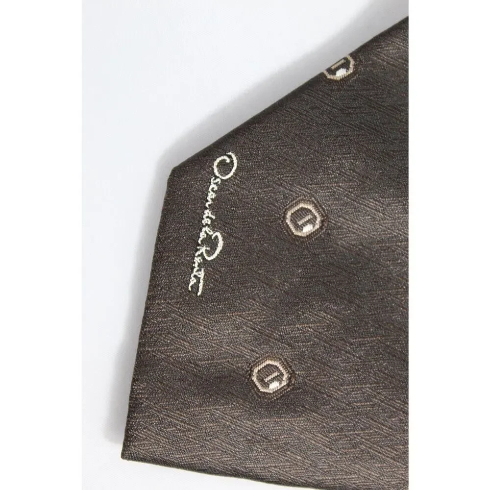 Oscar de la Renta men's tie brown career office script logo Vintage 90s